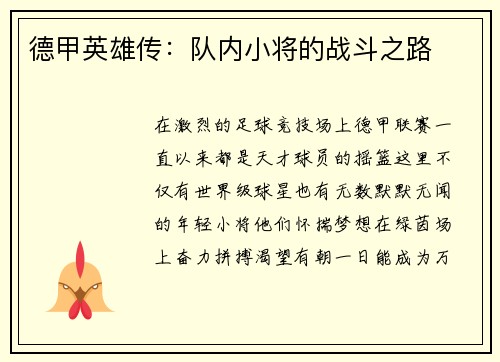 德甲英雄传：队内小将的战斗之路
