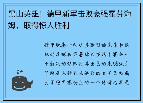 黑山英雄！德甲新军击败豪强霍芬海姆，取得惊人胜利